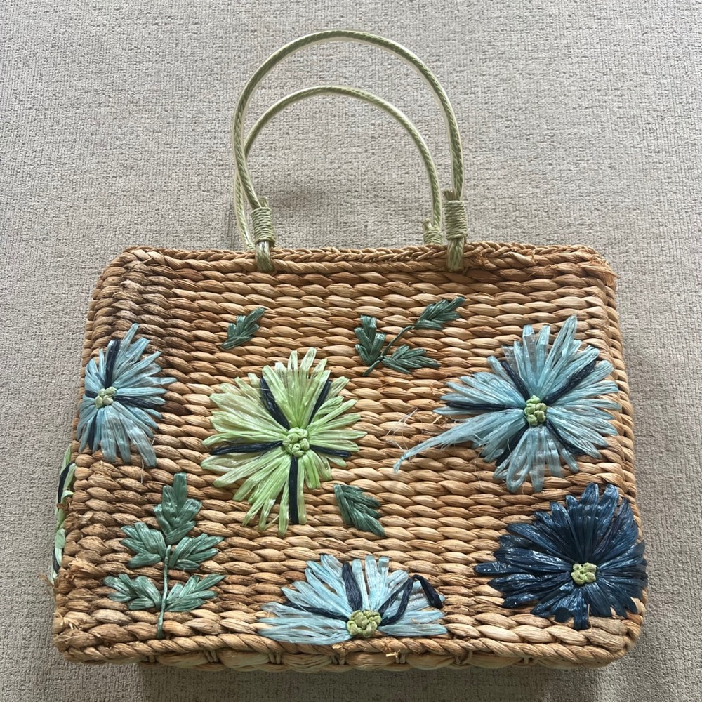 Cache Vintage Straw Tote Bag Floral Raffia Woven Wicker Handbag Blue Green Boho